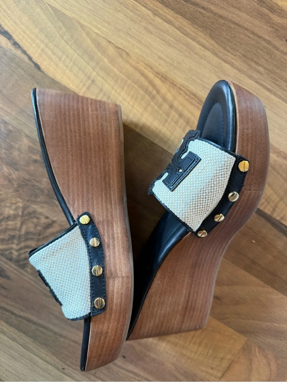Tory Burch Ines Wedge Slide Sandals - Black & Natural, Size 7.5